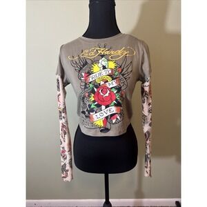 ED HARDY Long Sleeve Crop Top Size Small Olive Tattoo Print Women's NWT